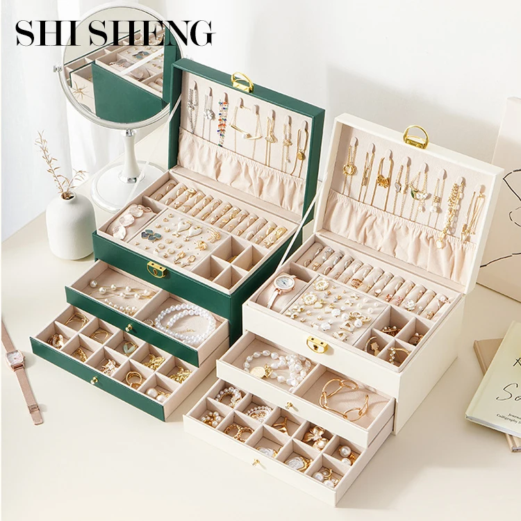 SHI SHENG 3 Layers Large Leather Jewelry Storage Box with Locked for Rings Earrings Necklaces Bracelets Storage