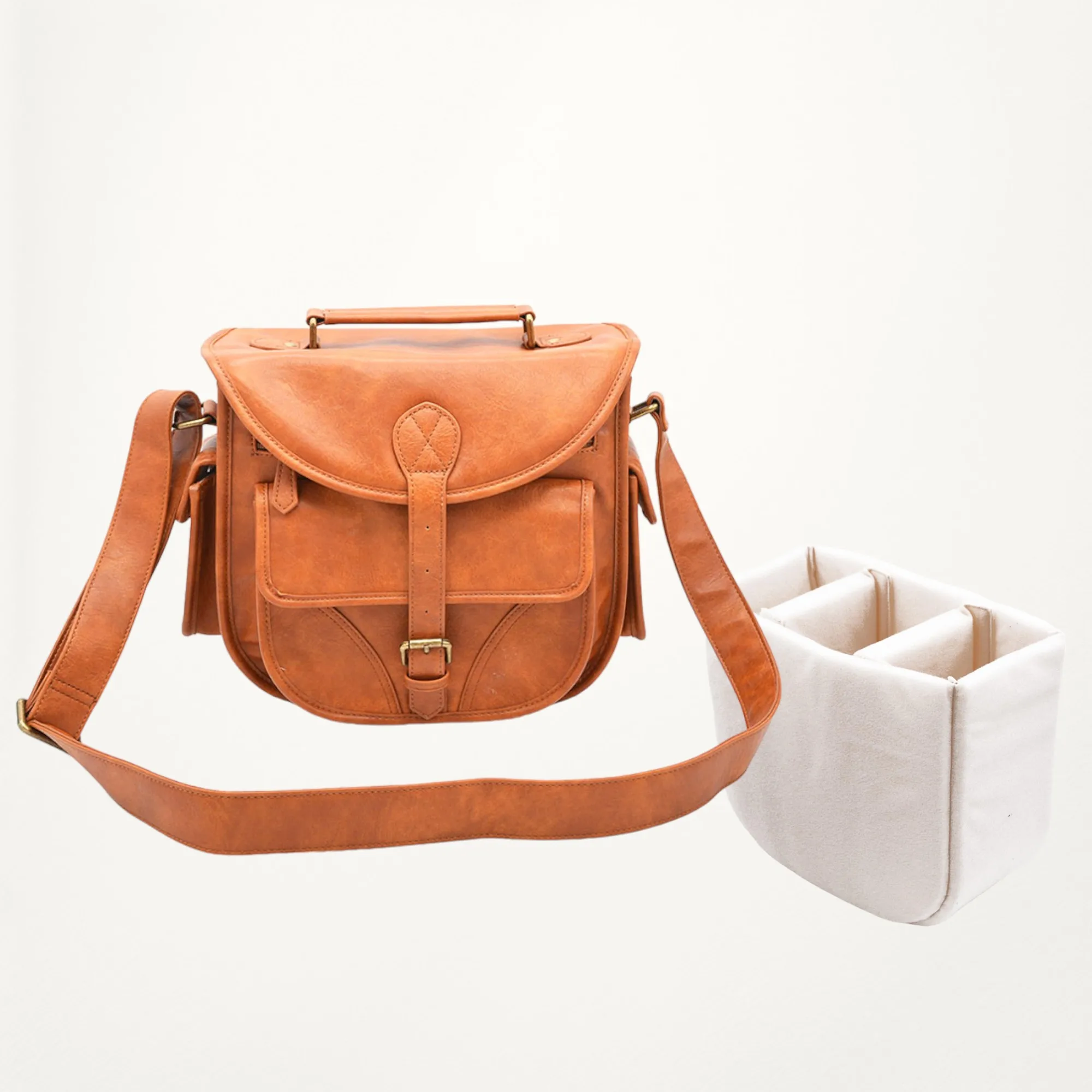 Customize fashion professional ladies photographer brown vegan pu leather dslr crossbody small video lens camera bag for women