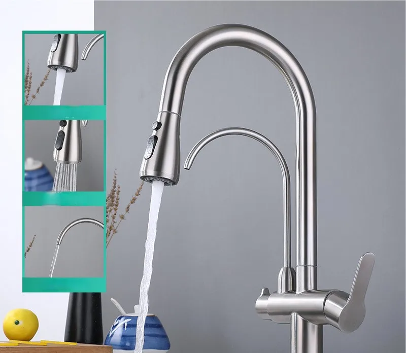 304 stainless steel cold and hot dual-purpose pull-out kitchen faucet 3 way kitchen faucet sink faucet purifier outlet