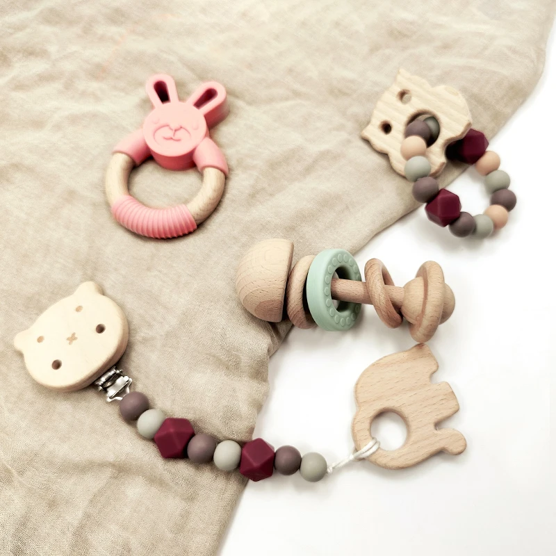 Wholesale Wooden Teether Bpa Free Silicon Wood Teethers  Set