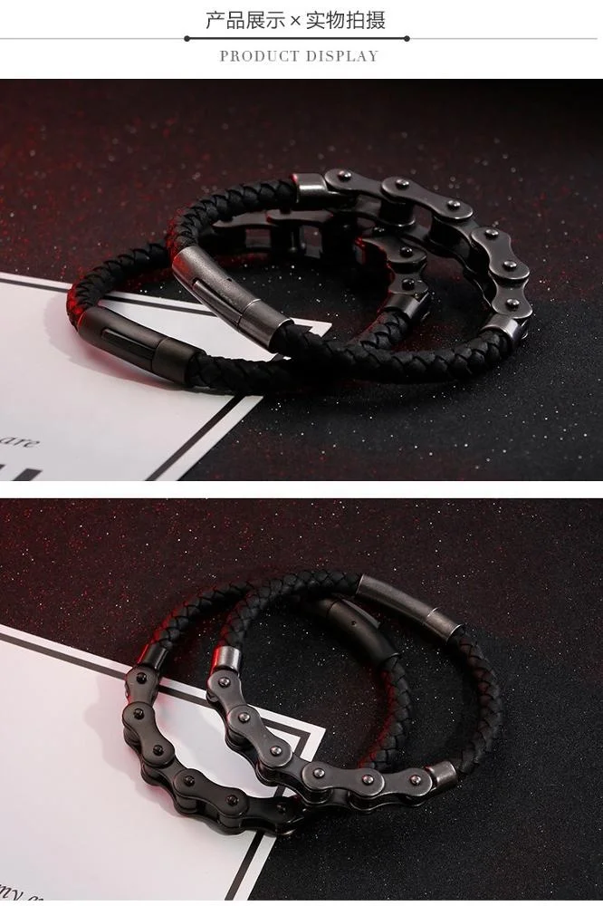 Мужской черный винтажный кожаный браслет из нержавеющей стали
