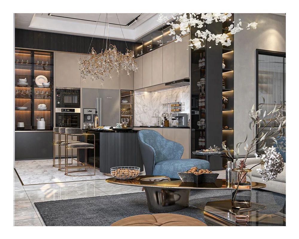 Wholesale Price High End Modern Design Wood Veneer Tinted Glass Pantry Door Luxury Italian Kitchen Cabinet