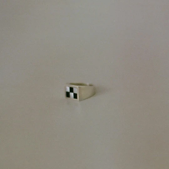 Custom 925 Sterling Silver Onyx Mother of Pearl Chess Inlay Signet Ring for Men