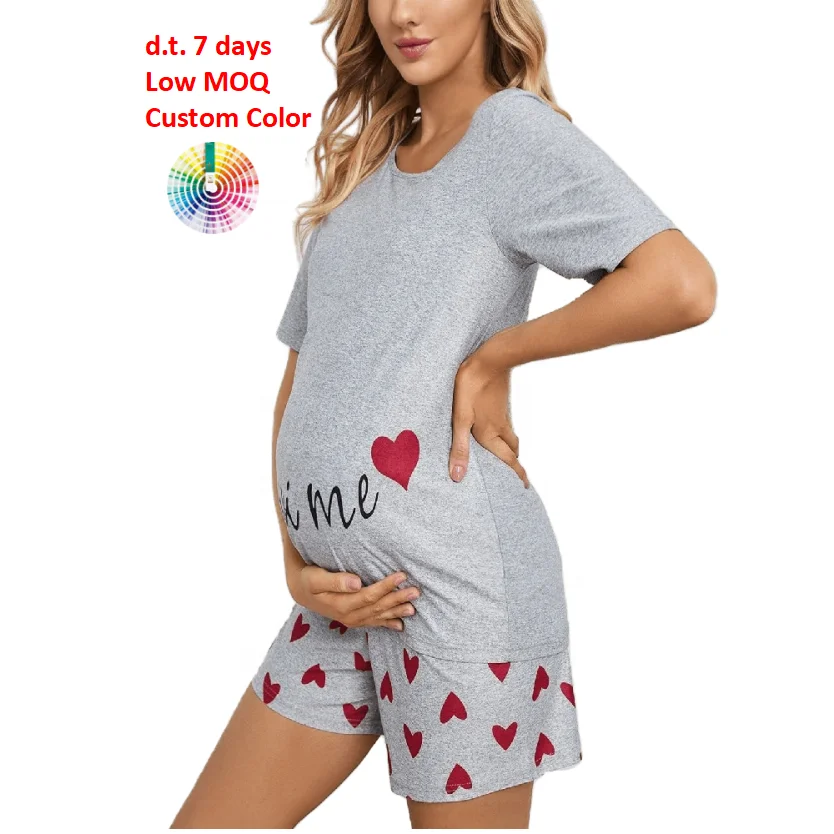 
M039 Heart and Letter Graphic Maternity Loungewear Pj Short Set for Pregnant Women 