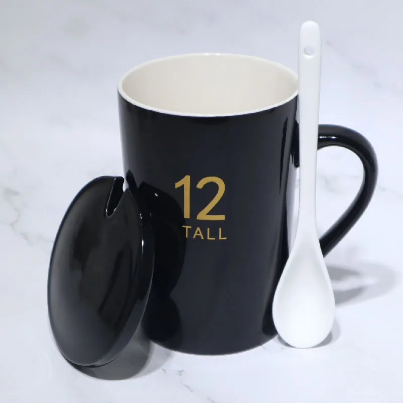 
Black and White Number 12 Sign of Zodiac Couples Porcelain Mug with Lid and Spoon Set 