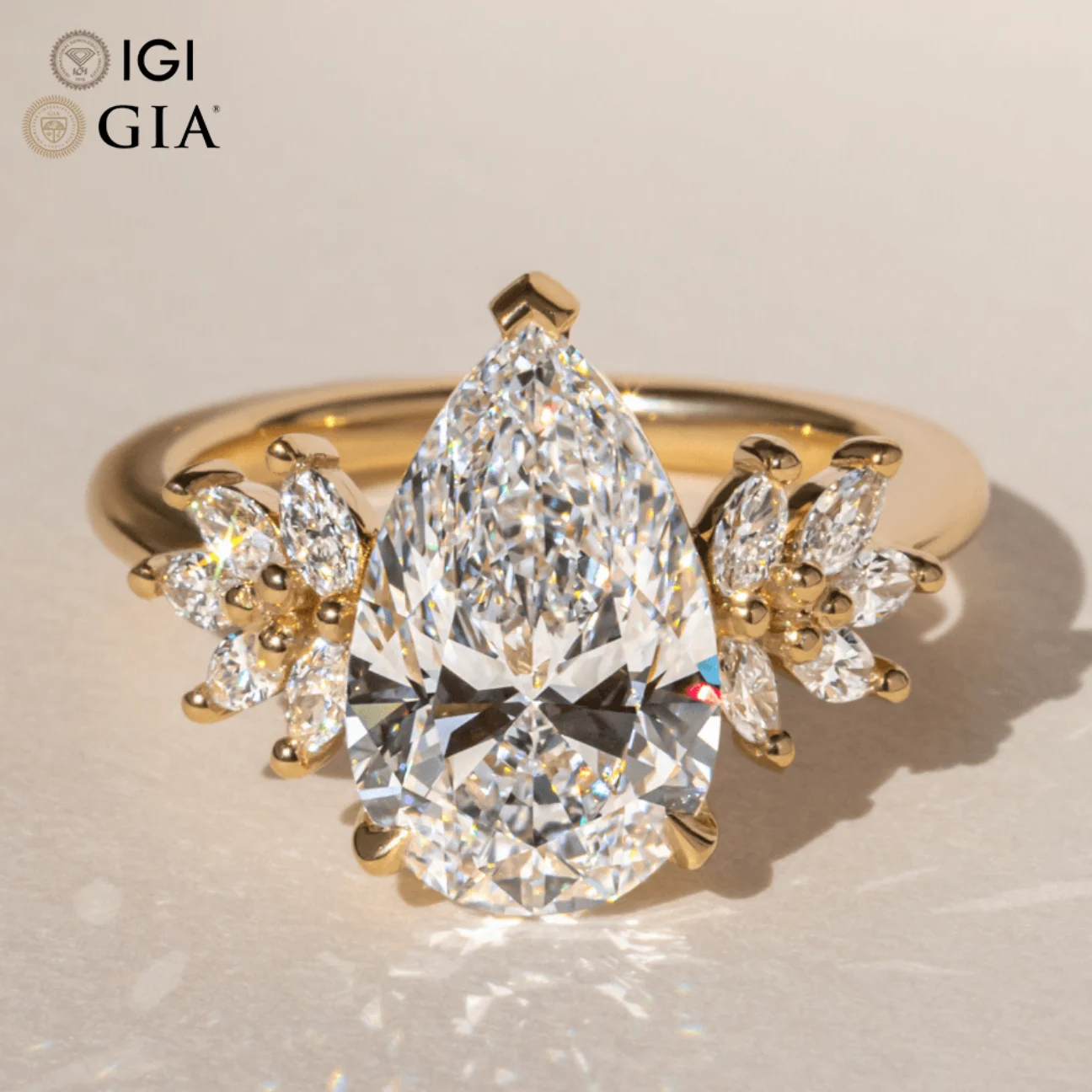 Custom Gia Igi Certified Vvs Cvd Lab Grown Created Diamond 10k 14k 18k Gold Pear Cut Seven Stone Yellow Gold Engagement Ring
