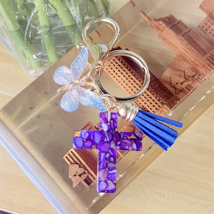 Wholesale Colorful Butterfly Glitter Resin Keychain Tassel Charms Bag Car Pendant Acrylic Butterfly Cross Key Chains