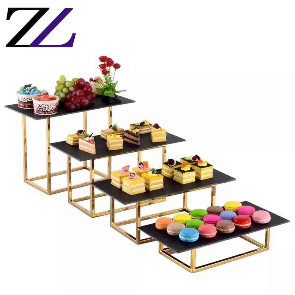 Wedding chaise de banquets 4 tier black slates serving platter golden plated s/s cupcake dessert food rack gold display shelf