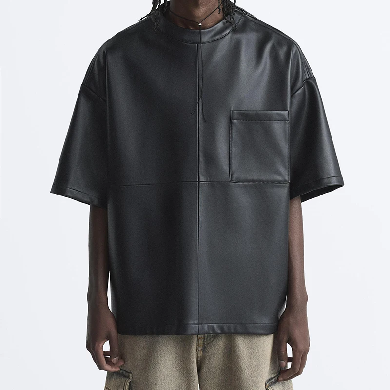 Custom Trendy Men T-shirt Leather Round Neck Short Sleeve T-shirt Chest Pocket Oversized T-shirt For Men