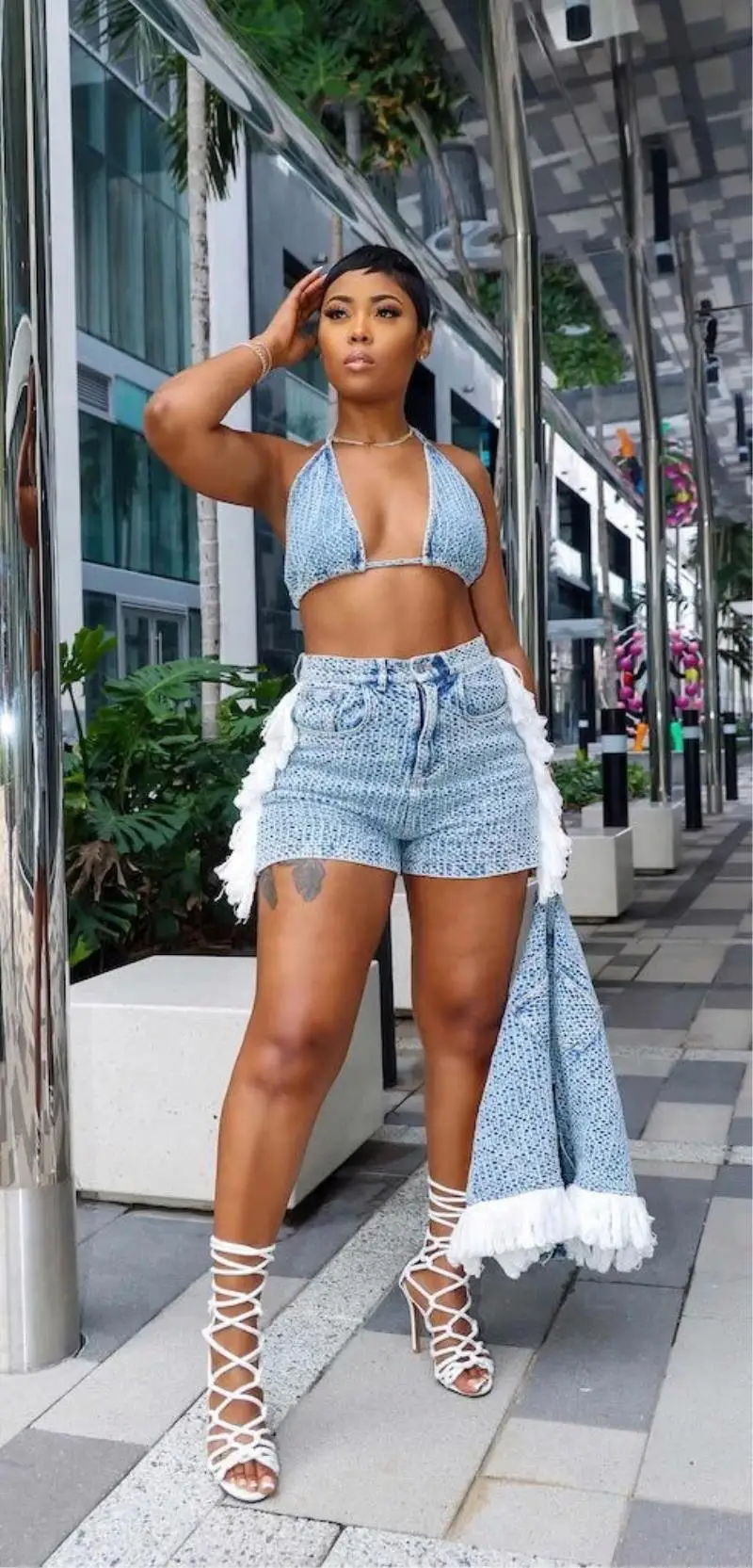 Boutique Clothing Street Wear 3 Piece Bra and Shorts Women Sets Halter Top Sexy Three Piece Set Women Shorts Set Denim