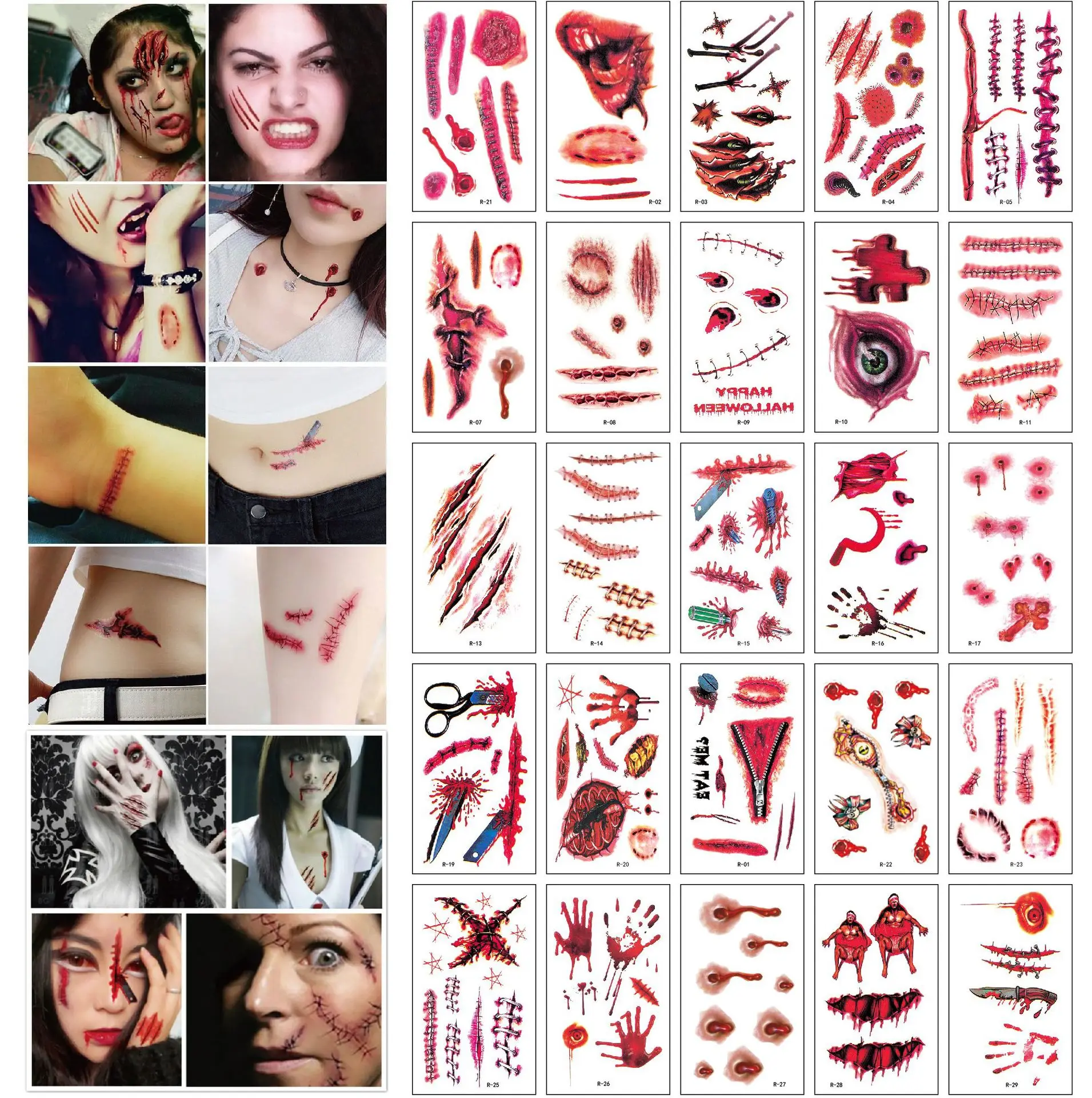 Halloween Party DIY Decoration Scary Tattoo Sticker Halloween Decor Temporary Waterproof Stitched Wound Horror 3D Stickers