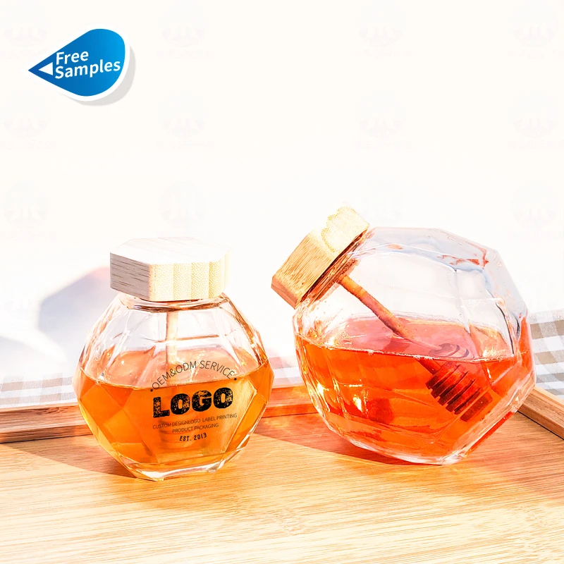 Glass Honey Jar Diamonds Hexagonal Container Pot Stick Spoon Packaging Bottle with Wooden Unique Design 200ml Kitchen