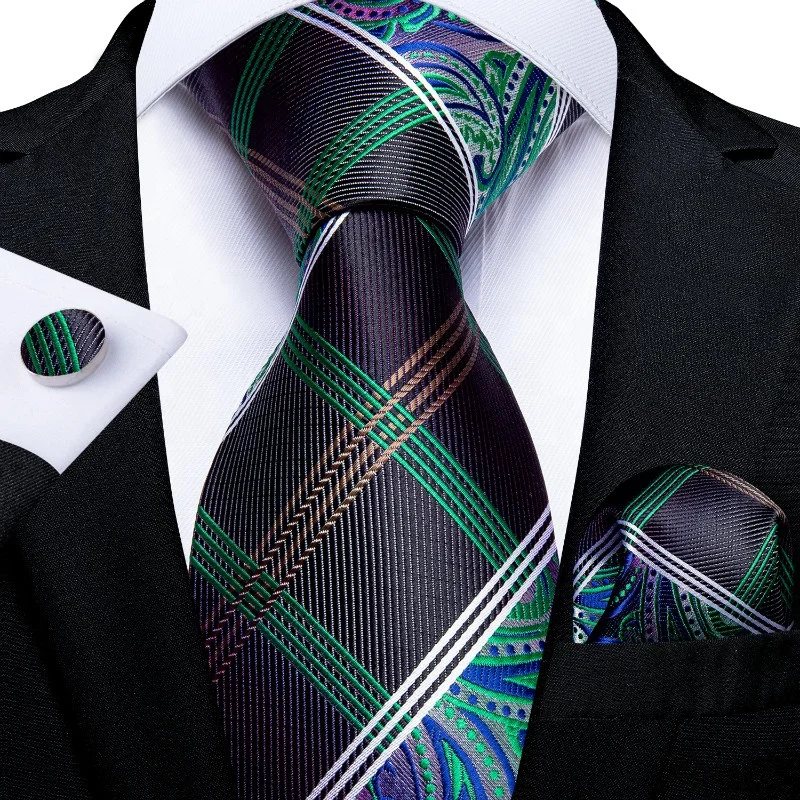 Classic Black Green Jacquard check Silk Tie Set for Men