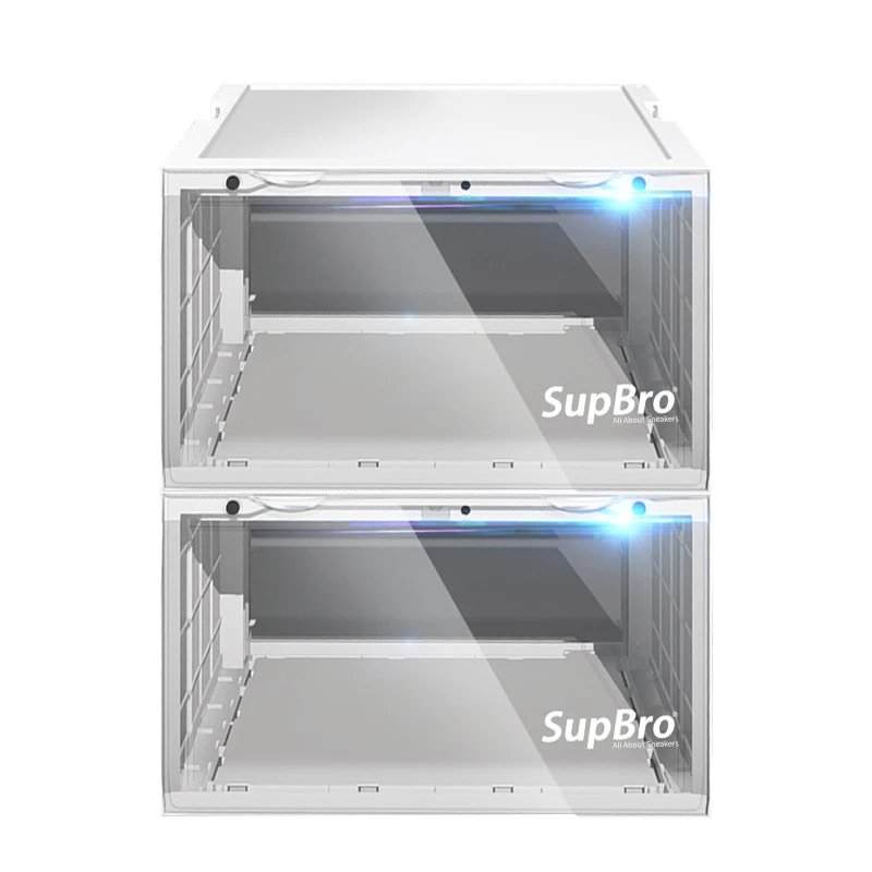 DY238 SupBro LED Voice-activated transparent side open stackable shoes Storage Box light up shoe box with led light