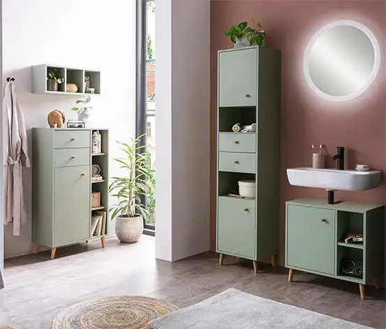Source Factory OEM Bathroom Furniture Wood Pistachio Green Bathroom Tall Cabinet