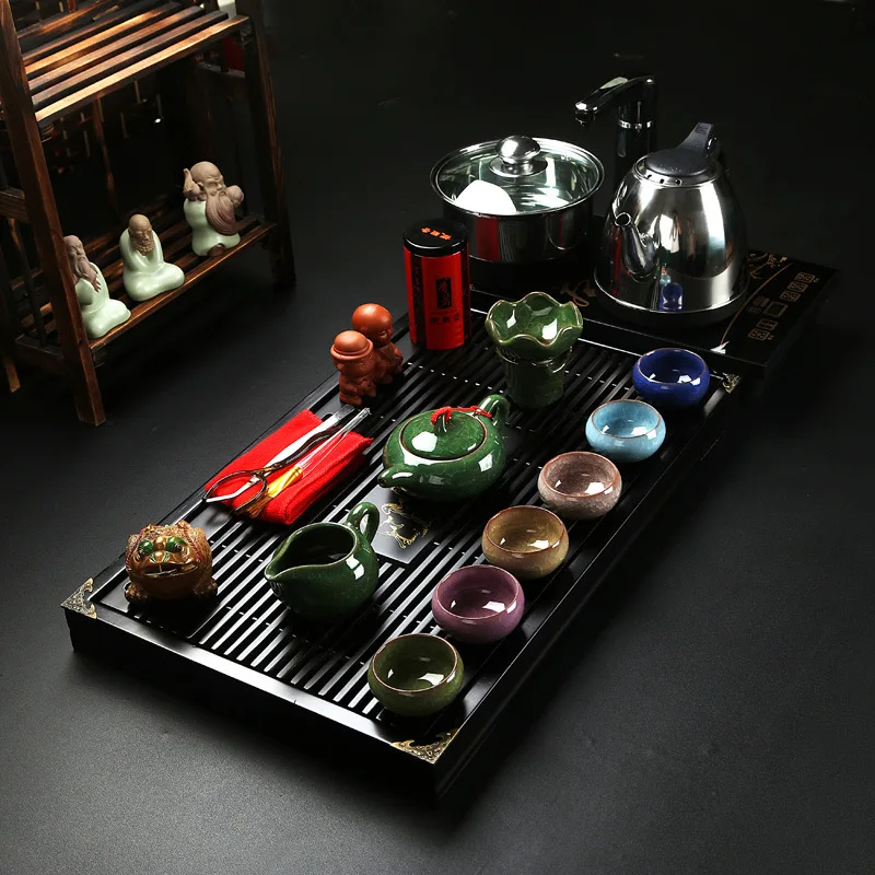 100% деревянный чайный поднос с индукционной плитой, китайский классический чайный столик gongfu