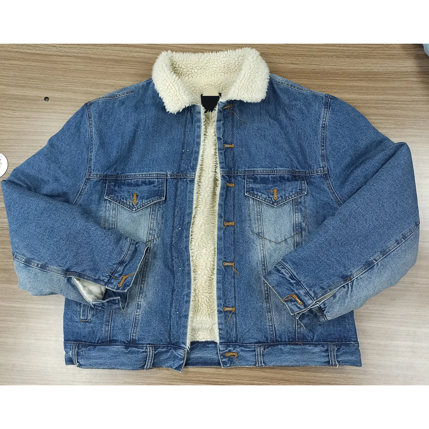 Wholesale Custom light blue 100% cotton denim washed fleece lining winter jeans jackets men wholesale for men