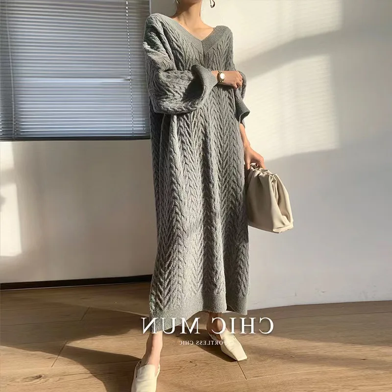 Autumn winter over knee long knitted dress female loose large size temperament V neck long skirt South Korea base sweater skirt