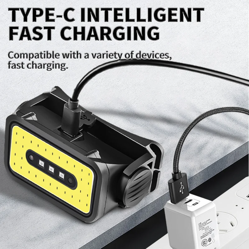 500lm 100m mini ABS 18650 Battery sensor white+red COB LED Headlight  5 Mode TYPE-C  Rechargeable HeadLamp Hiking Camping Lamp