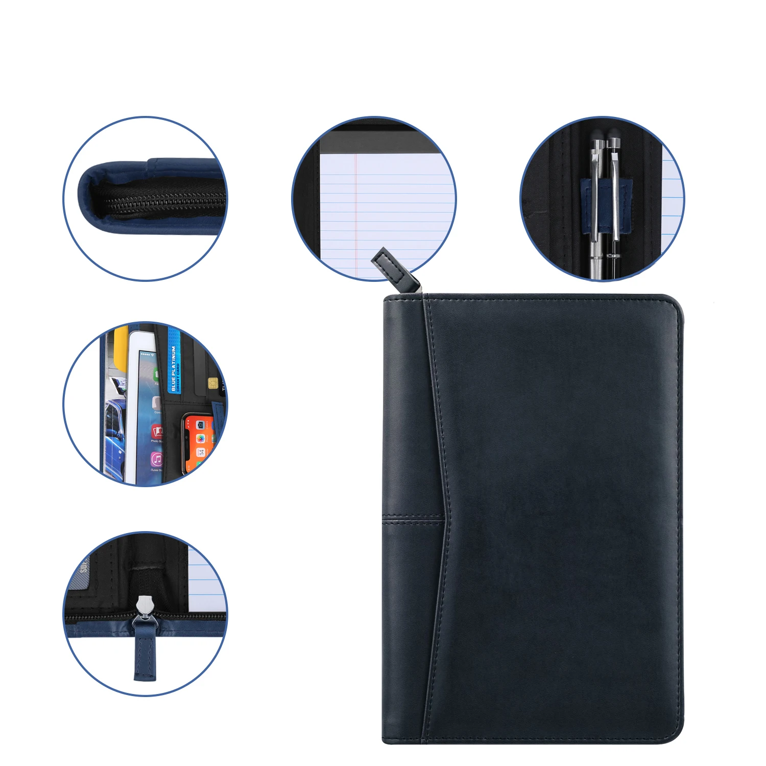 Custom Logo Zipped Padfolio/ Junior Portfolio Folder Case, A5 Leather Organizer Binder, 5 x 8 Writing Pad Included