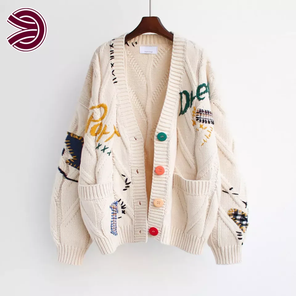 Autumn Women Cardigan Warm Knitted Sweater Jacket Pocket Embroidery Fashion ladies knitwear Cardigans Coat Lady Loose Sweaters