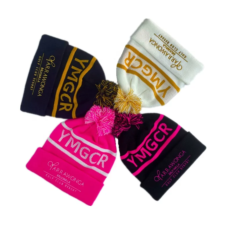 Custom Logo Jacquard Pom Pom Winter Knitted Beanie Hat,Cuffed Beanie Cap With Pom