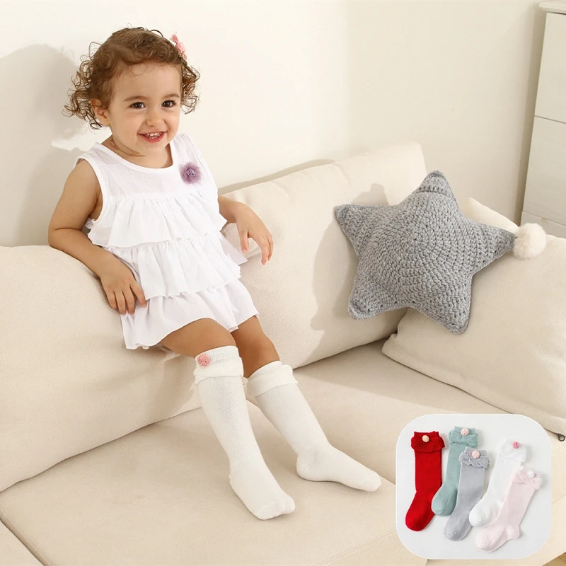 
Flower Pom Pom Lace Edge 0-3 Years Cotton Baby Knee High Socks Stockings 