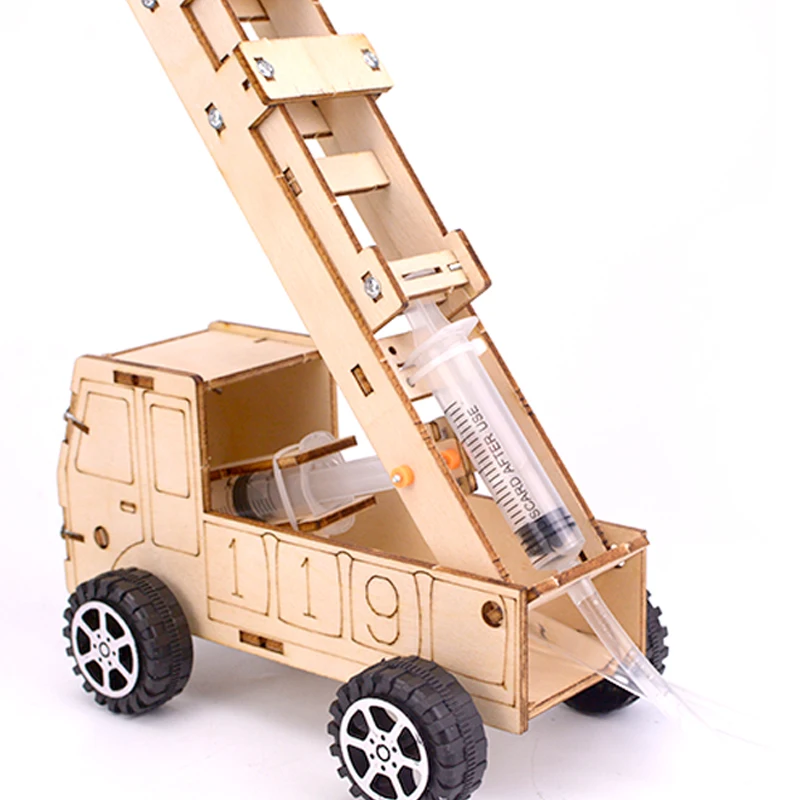 DIY STEM Hydraulic wooden ladder fire truck school educational toy science assembly wooden puzzle kits Physics toys for kids