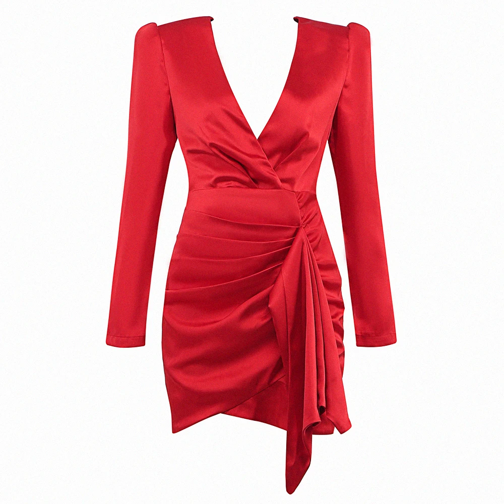 2021 Woman Casual Dress Red Elegant Satin Dress Sexy Office Mini Dress