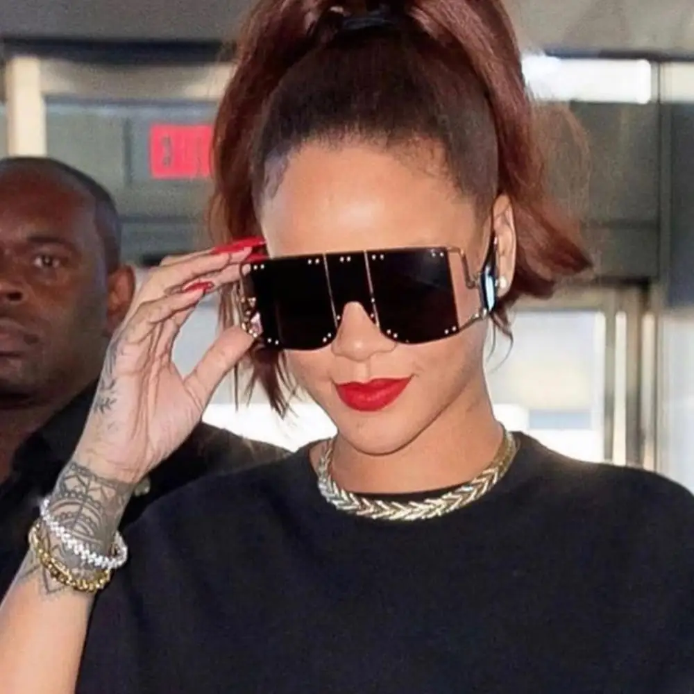 Солнцезащитные очки большого размера с заклепками и четырьмя линзами женские цельные защитой Uv400 Роскошные в большой оправе от ультрафиолета