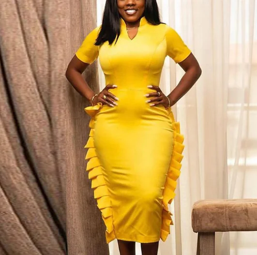 2021 Summer Yellow Stand Collar Ruffle Women Office Career Dresses