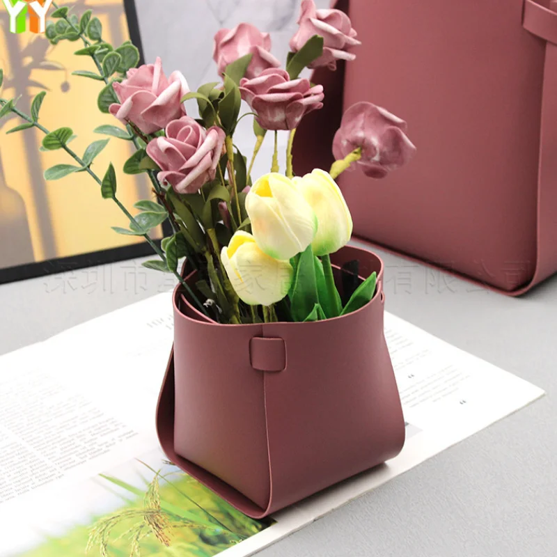 YY Home Decor PU Fake Flower Arrangement Container Leather Flower Basket Fake Flower Storage Box