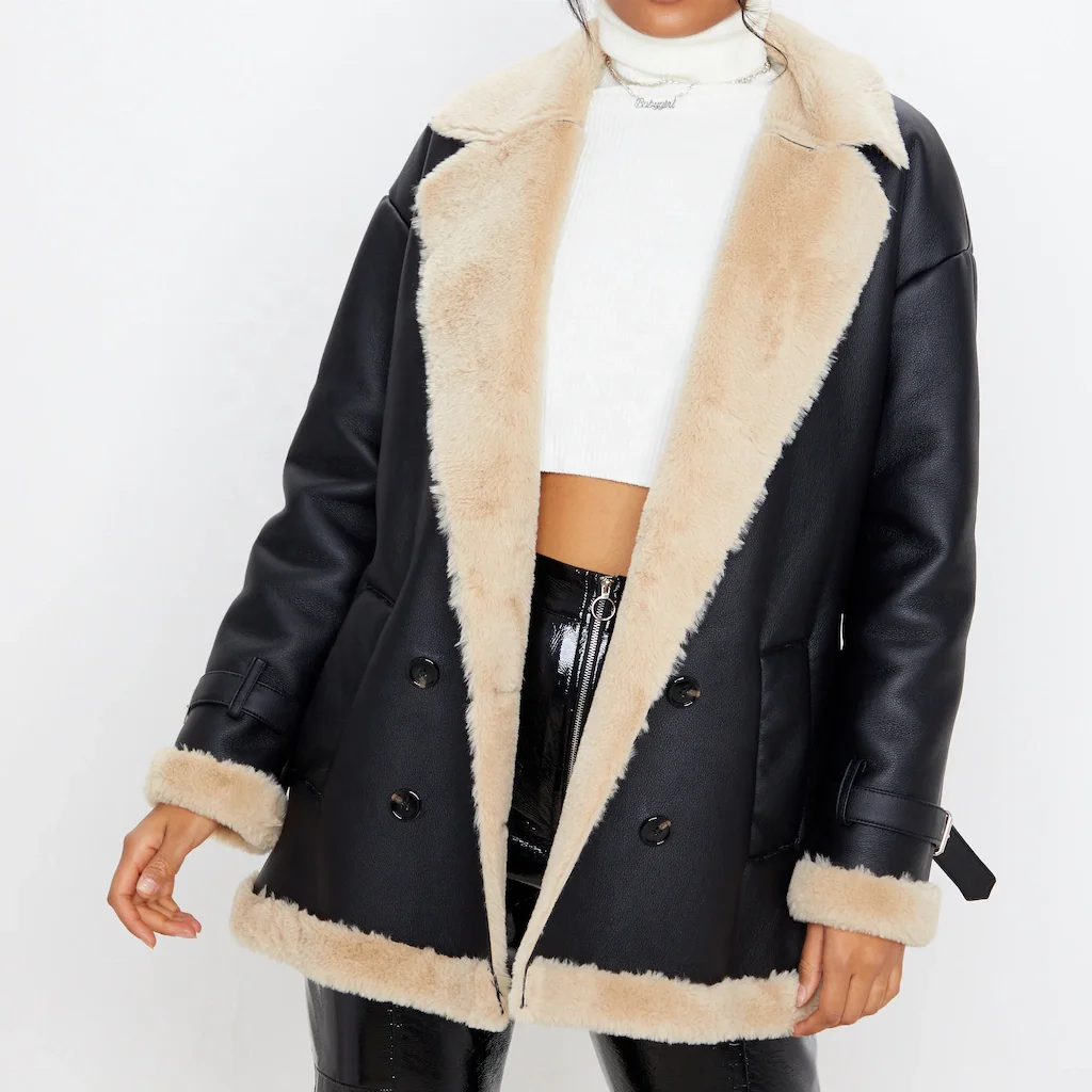 2020 Latest Design must-have Black PU Faux Fur Trim Vintage Style Coat Aviator Jacket