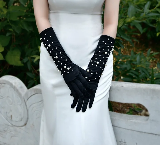 Black satin gloves girl pearl gloves bride wedding accessories