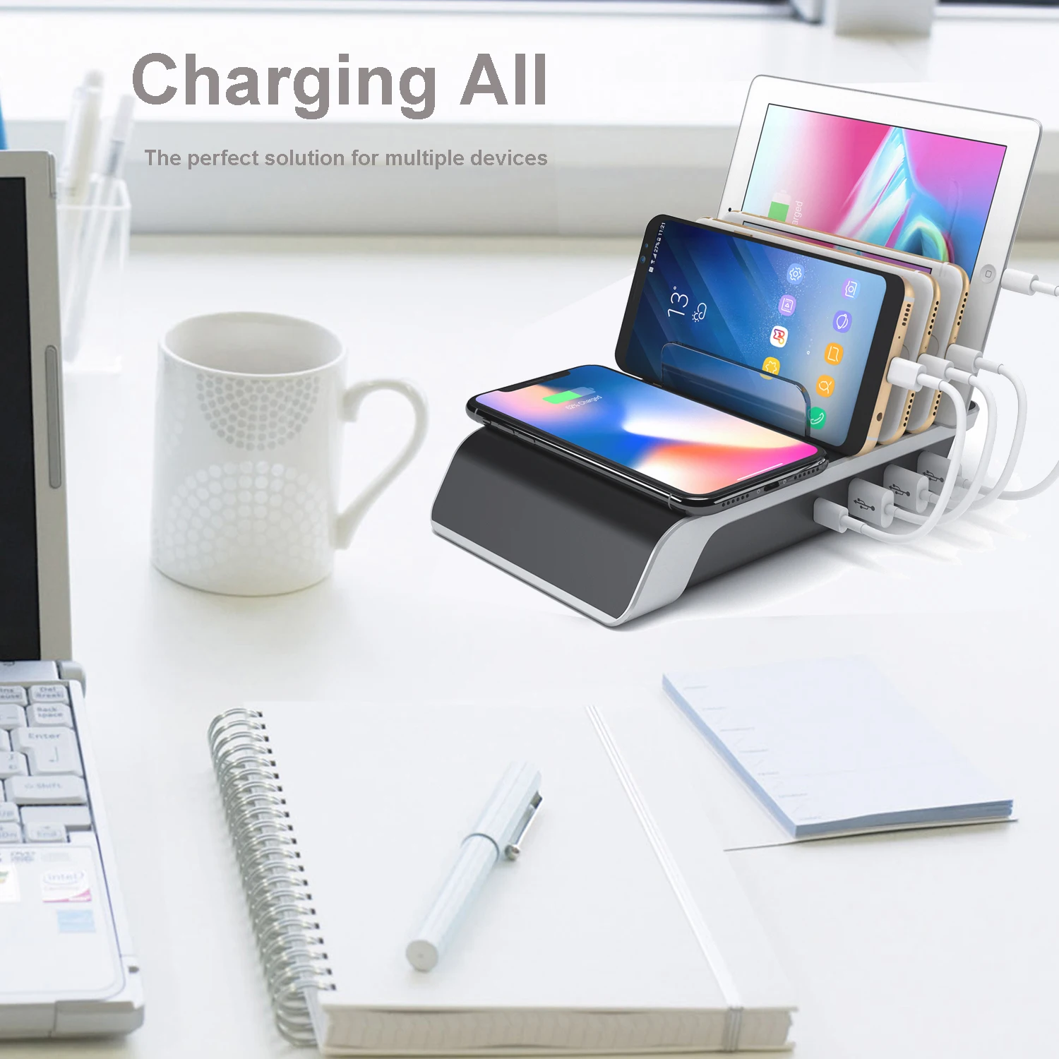  Быстрая зарядная станция 5 в 1 подставка для нескольких телефонов с 4 USB-портами и беспроводной зарядной площадкой QI совместимая