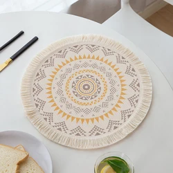 Wholesale wedding boho woven printed round dining placemats set with coaster bohemian woven round table placemats