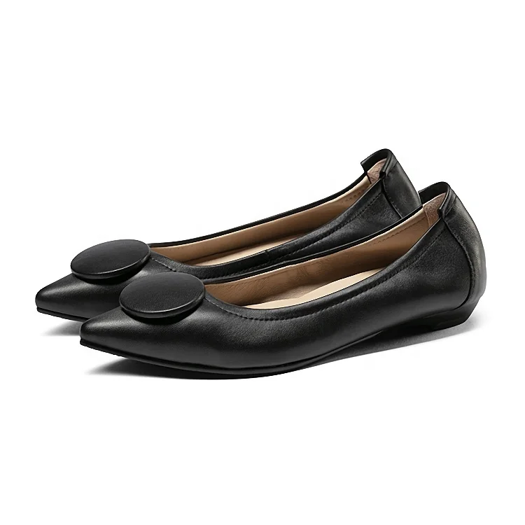 Classic Thai style black soft leather pointed shallow casual flexible flat shoes
