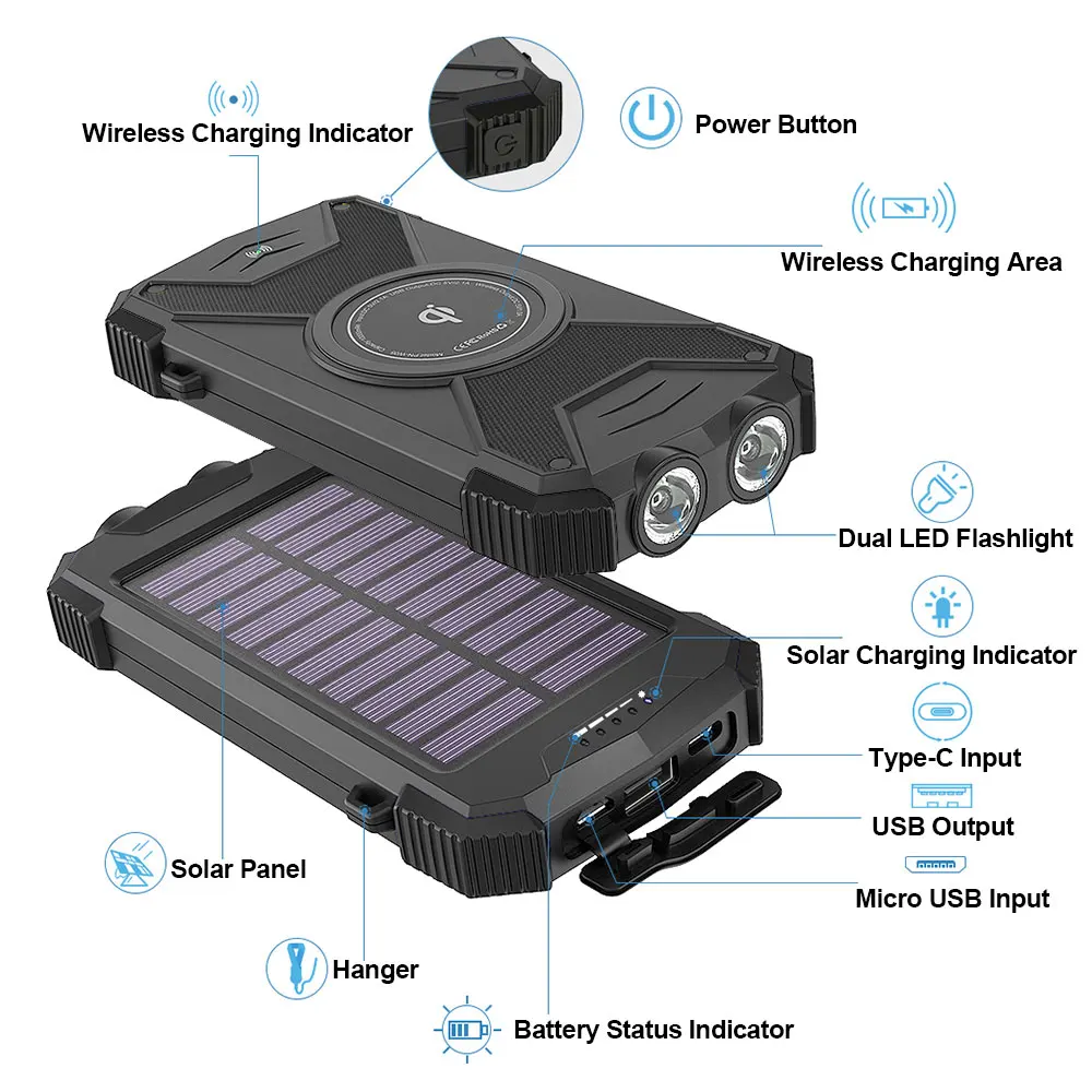 Outdoor wireless charging 10000mAh Dual USb Solar Powerbanks mobile portable solar chargers With Bright Flashlight