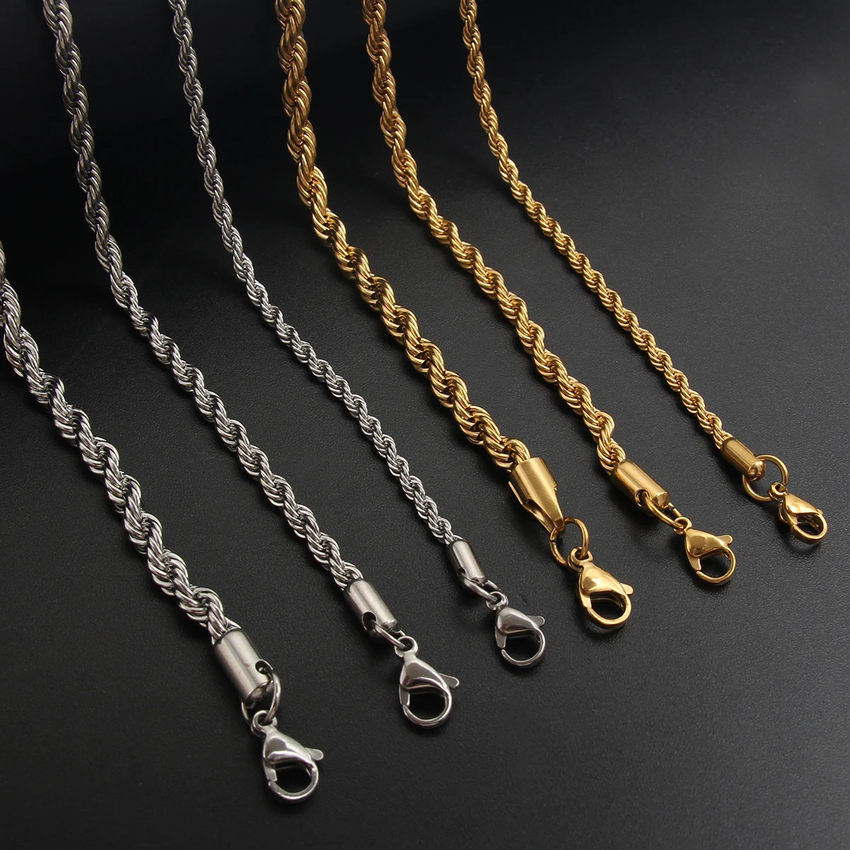 Wholesale Waterproof Men/Women Jewelry Custom Bulk 3/4/5mm 18K Gold Plated Stainless Steel Twisted Rope Filled Chain Necklaces