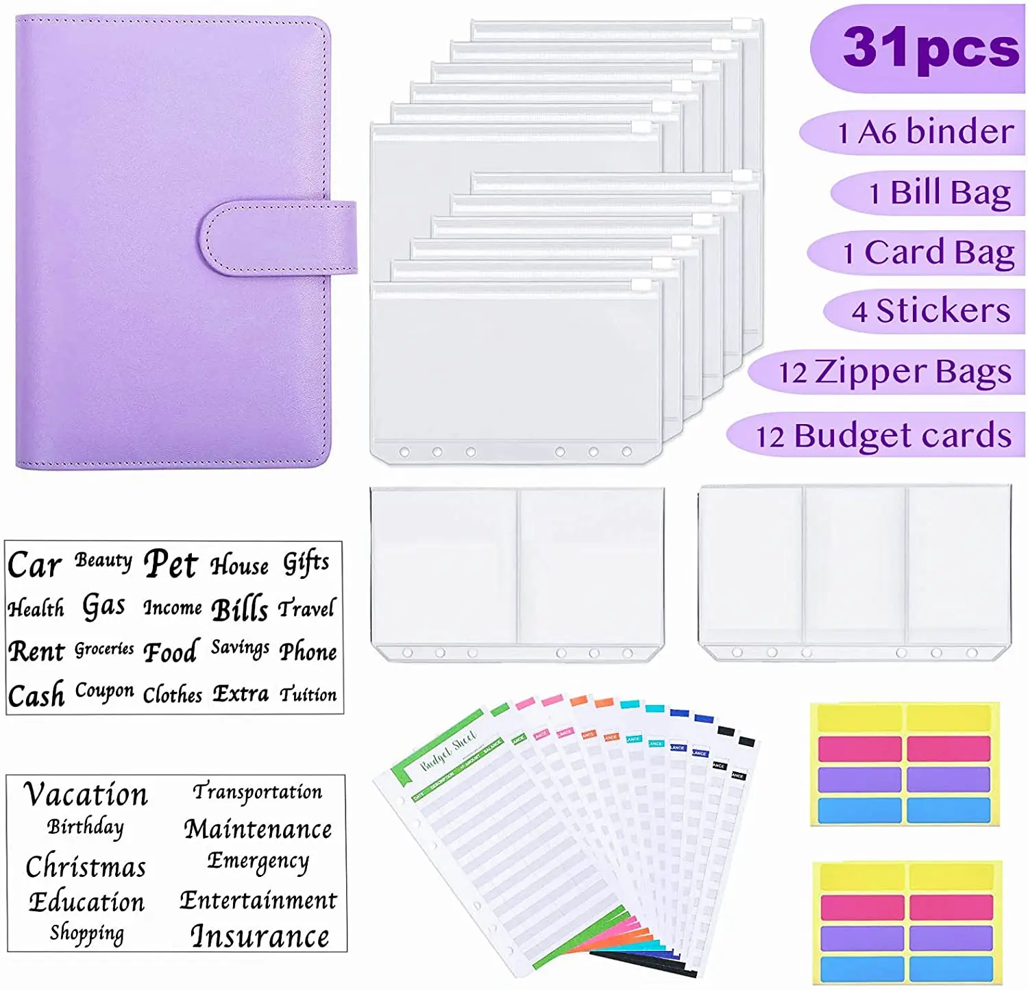 Wholesale-solid color-Budget-Binder-sets-with-Cash-Envelopes-stickers