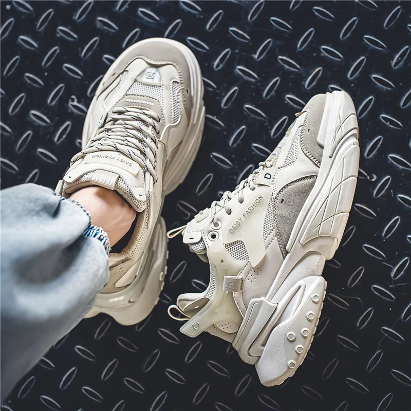 Hot Selling Reflective Lace Up Men  Fashion Leather Sneakers Zapatillas De Hombre White Chunky Athletic Shoes for Men