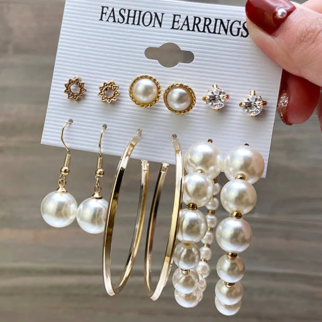 Trendy Gold Metal Earrings Set Fashion Geometric Pearl Circle Drop Earrings 2021 Trend Set of Earrings Jewelry For Women