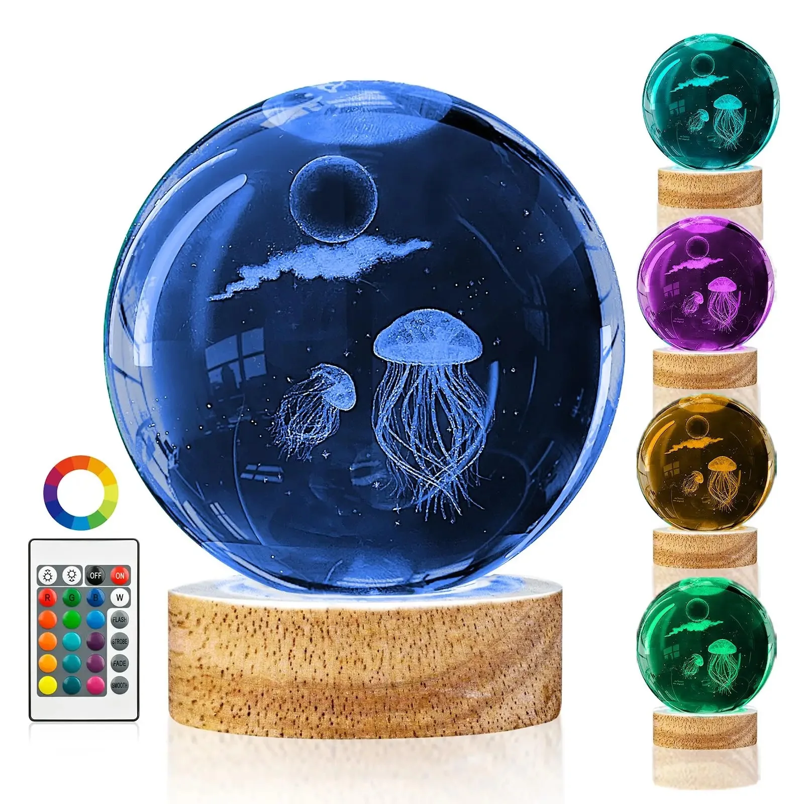 Lovely Children Birthday Gift 80mm Crystal Ball With 3D Laser Engraved Jellyfish With Led Base For Room Night Light