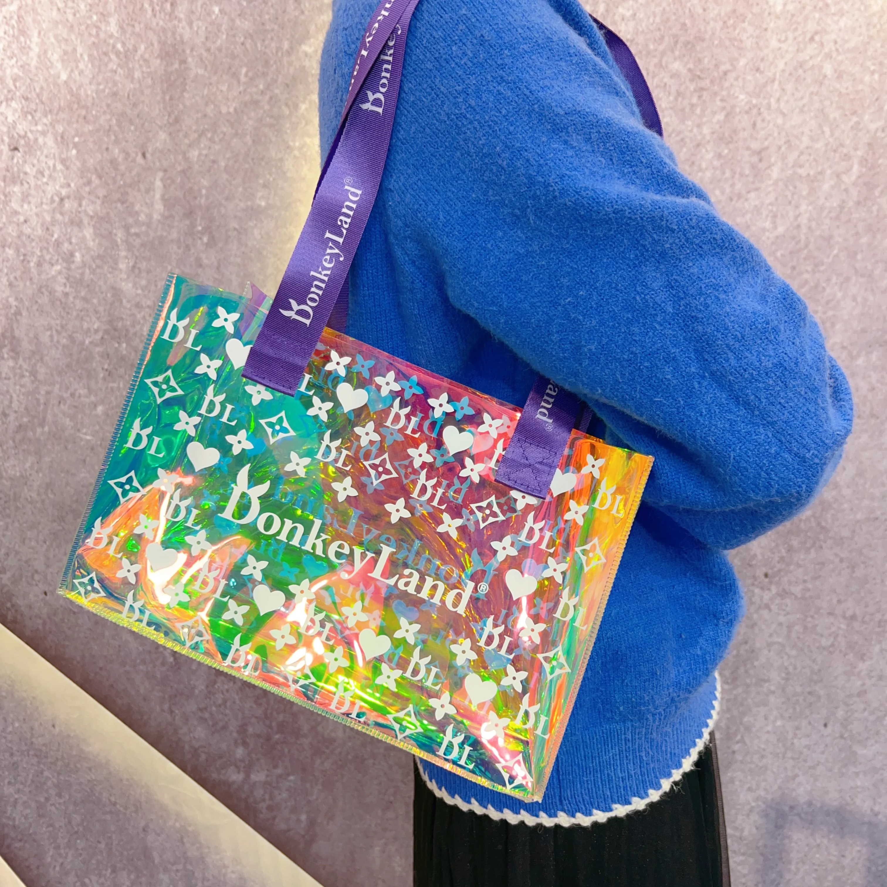 Custom Holographic PVC Women Cosmetic Handbags Transparent Beach Shopping Bag with ribbon handle