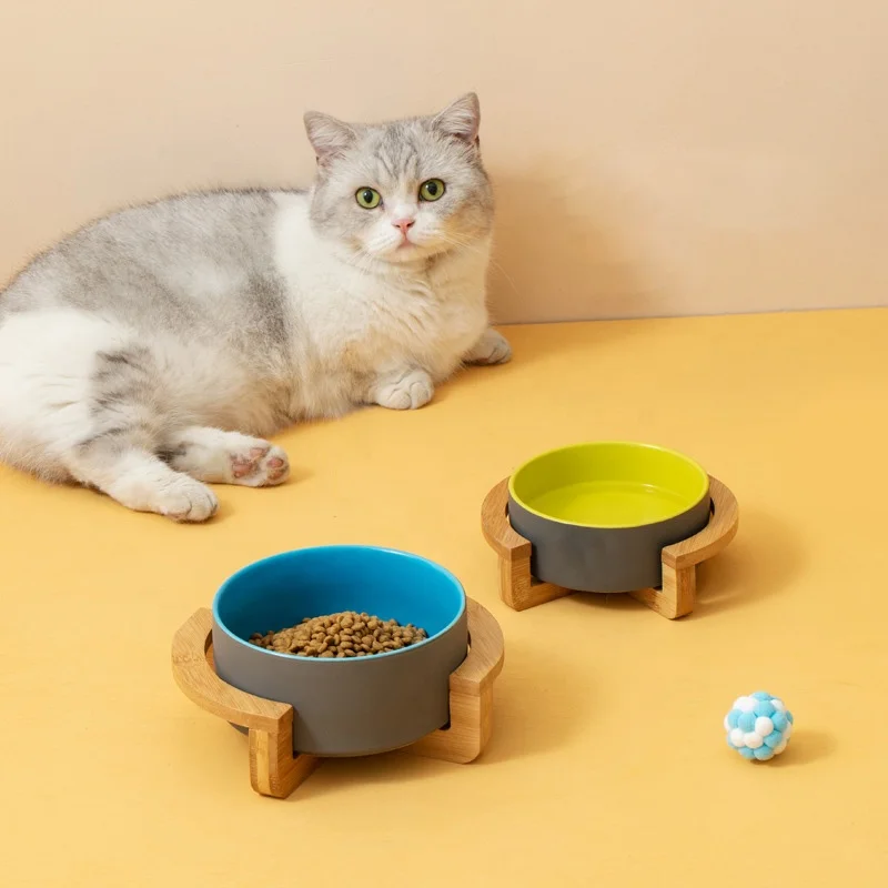 Raised Ceramic Bowl Protect Cervical Cat Water Water Food Feeder Pet Bowl Large Dog Pot With Stable Bamboo Stand