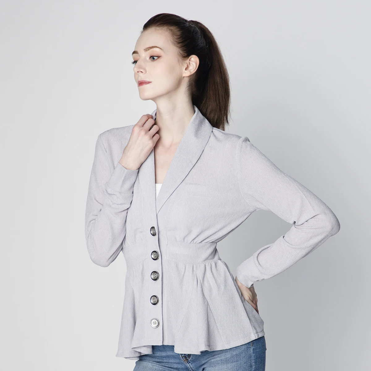 LADIES CASUAL FASHION REVERSE COLLAR FRONT RUFFLE BUTTON OPEN LONG SLEEVE BLOUSE SHIRT