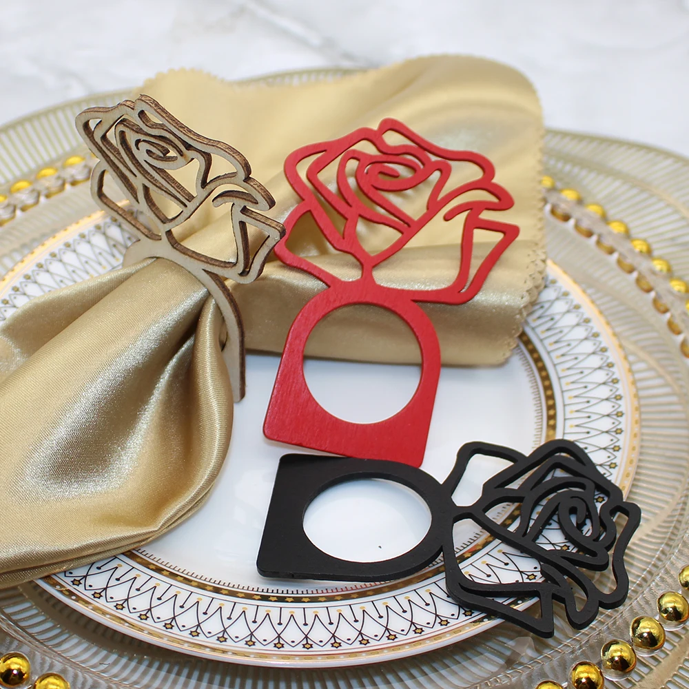 Laser Cut Rose Napkin Ring Wooden Napkin Ring Holder for Wedding Banquet Dinner Decoration HWW58