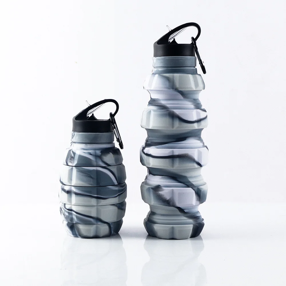 Outdoor 500ml Collapsible Hand Grenade Water Bottle Food Grade Silicone Biking Hiking Kettle Hook Mountaineering Buckle Cup