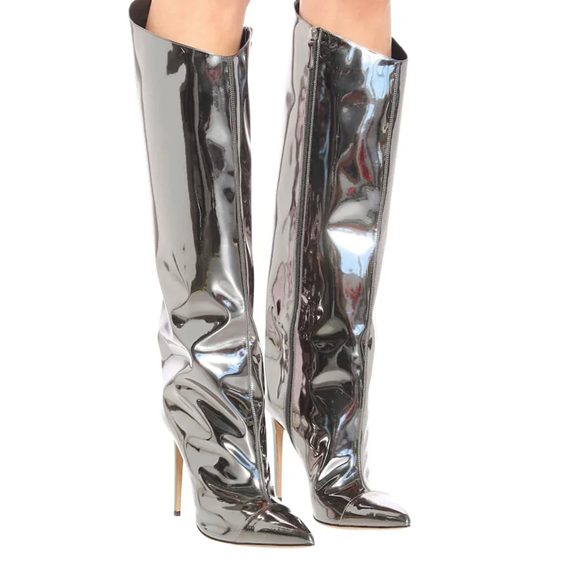 Plus Size 17 Fashion Glossy Ladies Winter Wide Calf Boots Party Stiletto Heel Boots Sexy Women Knee High Boots Wholesale