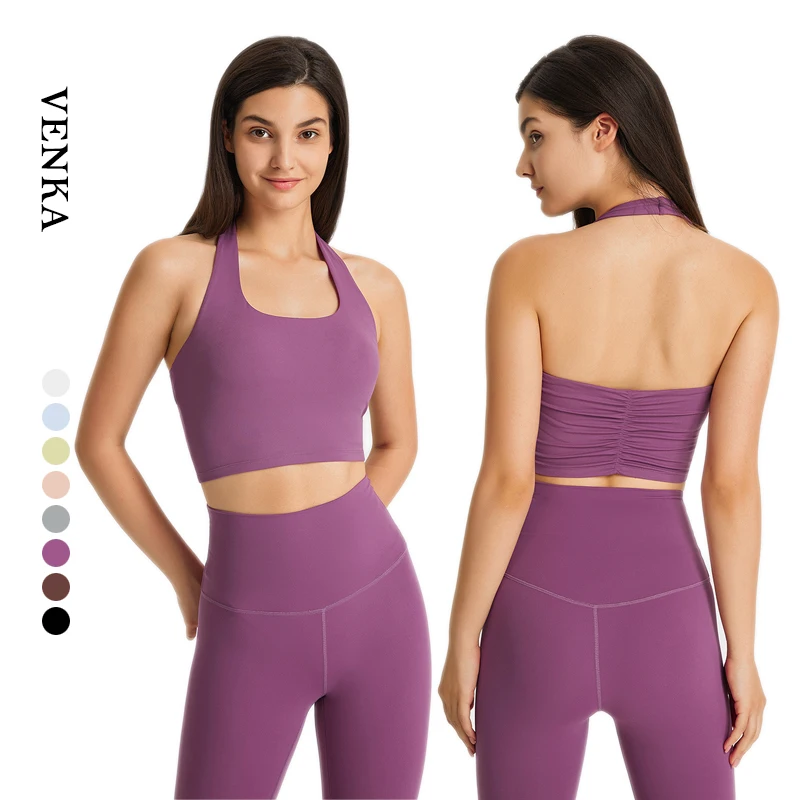 Sexy Halter Women High Impact Sports Bra Backless Push Yoga Tops With Removable Cups Naked Feeling Gym Fitness Outdoor Yoga Bra